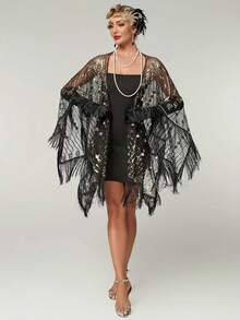 1920s Vintage Sequin Embroidered Tassel Shawl, Elegant Retro Polyester Breathable Mesh Short Cape, Women's Fashion Party Evening Dress Accessory - Multicolor - View 2