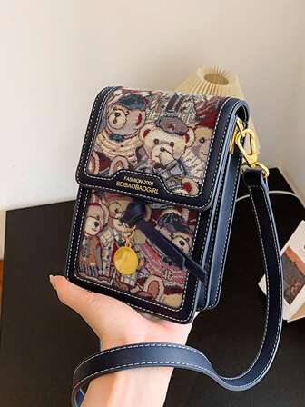 Cartoon Bear Graphic Flap Square Bag Cute Style
