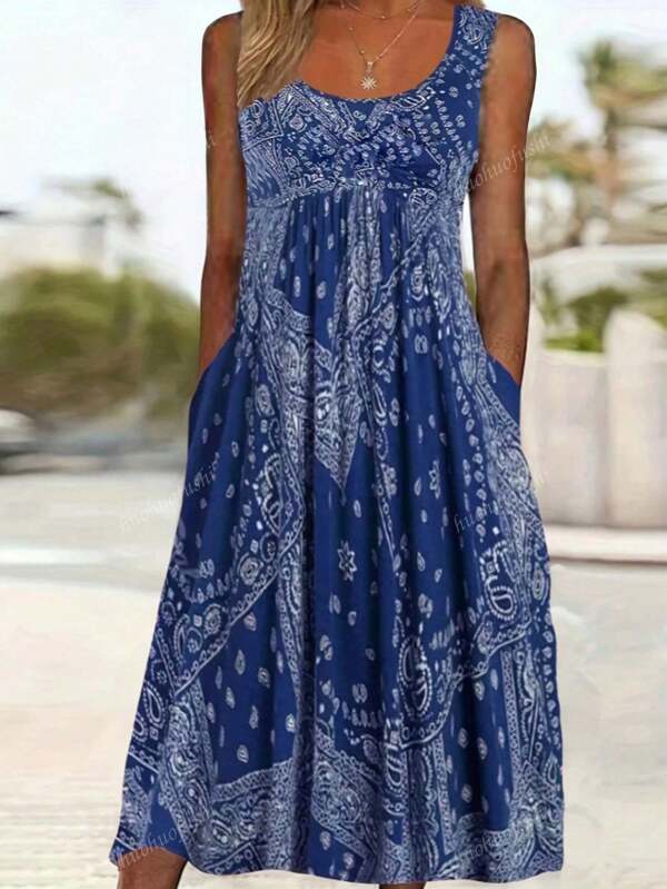 [Vestido de moda de verano] Vestido largo sin mangas de talla grande - Estampado floral, mezcla de poliéster elástico, cuello redondo, falda plisada, mujer