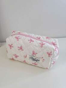 1 szt. Różowa pikowana kosmetyczka z kokardką, swobodna, duża, przenośna kosmetyczka z zamkiem błyskawicznym, niezbędna w podróży i na wakacjach, pomieści podpaski higieniczne, słuchawki, ładowarki, szminki, kosmetyki, perfumy, produkty do pielęgnacji skóry, wystrój domu - Różowy - Zobacz 8