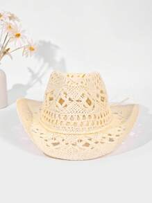 1 Peça Chapéu do Panamá Boêmio de Cor Sólida com Contas e Recortes, Chapéu de Sol Decorativo Casual com Proteção UV, Moda Combinável para Atividades ao Ar Livre, Todas as Estações