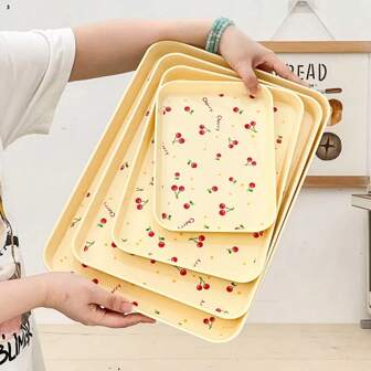 1/4Pcs Multifunctional Cherry Pattern Rectangular Plastic Serving Tray, Reusable Dinner Tray For Food, Snack, Dessert, Fruit, Large Capacity Stackable Storage Tray, Tea Tray, Serving Plate, Suitable For Student And Adult Use In Home, Kitchen, Dorm, Office, Rrestaurant, Picnic