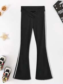 Girls Flared Pants, Children's Elastic Waist Slim Fit Workout Leggings With Side Stripes, Fitness Running Pants, Casual Flare Leg Trousers, Yoga Pants For Older Tween Girl - Black - View 4