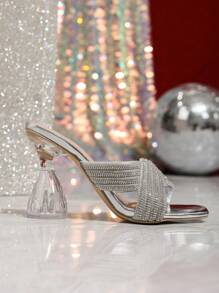 Women's Elegant Silver High Heel Sandals, New Fashionable And Sexy Glamorous Crystal Embellished Stilettos, Square Toe With Crystal Chunky Heel, Suitable For Party, Gathering, Vacation And Daily Wear