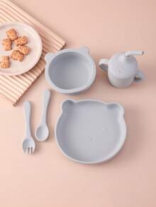 PopLittleOne 5PCS Silicone Baby Tableware Sets Solid Color Utensils Portable Sippy Cup Cartoon Bear Shape Plate Bowl Feeding Sets For Baby - Multicolor - View 13