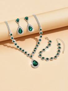 4pcs Bride Jewelry Set: Necklace, Earrings, Bracelet, Fully Rhinestone Waterdrop Floral Design For Women Evening Dress