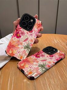 花朵 1 件粉色芙蓉花和椰子条纹仿皮防震软手机壳，适用于 Apple 和型号：16/16 PLUS/16 PRO/16 PRO MAX - 彩色 - 查看 2