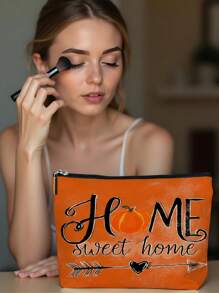 1pc Autumn Pumpkin Sunflower Maple Leaf Bow Carving Letter & Linen Print Makeup Bag, Cute Travel Cosmetic Bag & Multipurpose Coin Purse, Convenient Gift For Women