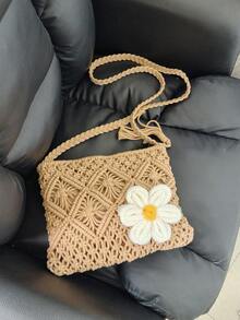 1 件夏季草编手提包，手工镂空菱形斜挎包，小号单肩包，适合海滩和度假的多功能包