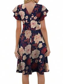 Women's Semi-Formal Ruffle Sleeve V-Back Work Fit And Flare Cocktail Knee Length Dress With Pockets, 2025 Style - 黃藍 - 查看 2