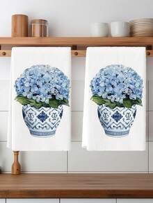 2 Peças Toalhas de Prato Florais Vintage Pote de Gengibre Azul, Panos de Cozinha com Padrão Floral, Toalhas de Mão de Poliéster Super Macias, Tecidas, Laváveis em Máquina, Ideais para Presentes de Feriado e Decoração do Lar.
