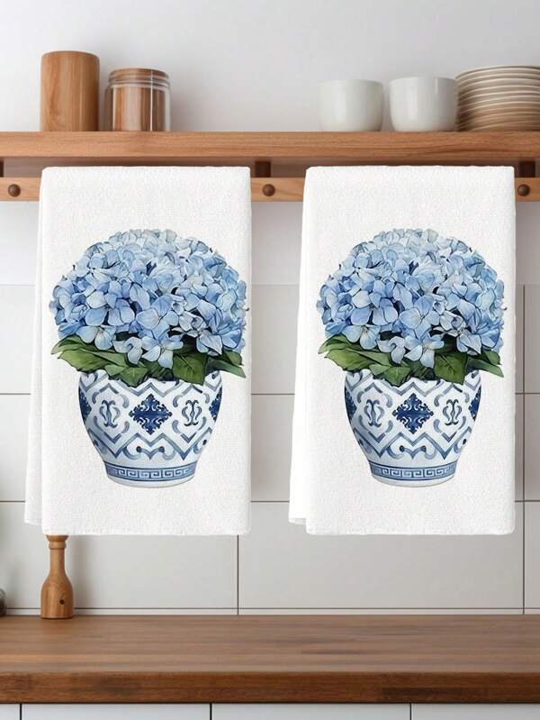 2 Peças Toalhas de Prato Florais Vintage Pote de Gengibre Azul, Panos de Cozinha com Padrão Floral, Toalhas de Mão de Poliéster Super Macias, Tecidas, Laváveis em Máquina, Ideais para Presentes de Feriado e Decoração do Lar.