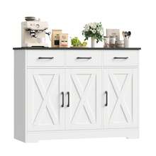 Aparador, armário de cozinha com 3 gavetas e 3 portas, buffet com bancada, para sala de jantar, sala de estar, madeira - Branco - Ver 1
