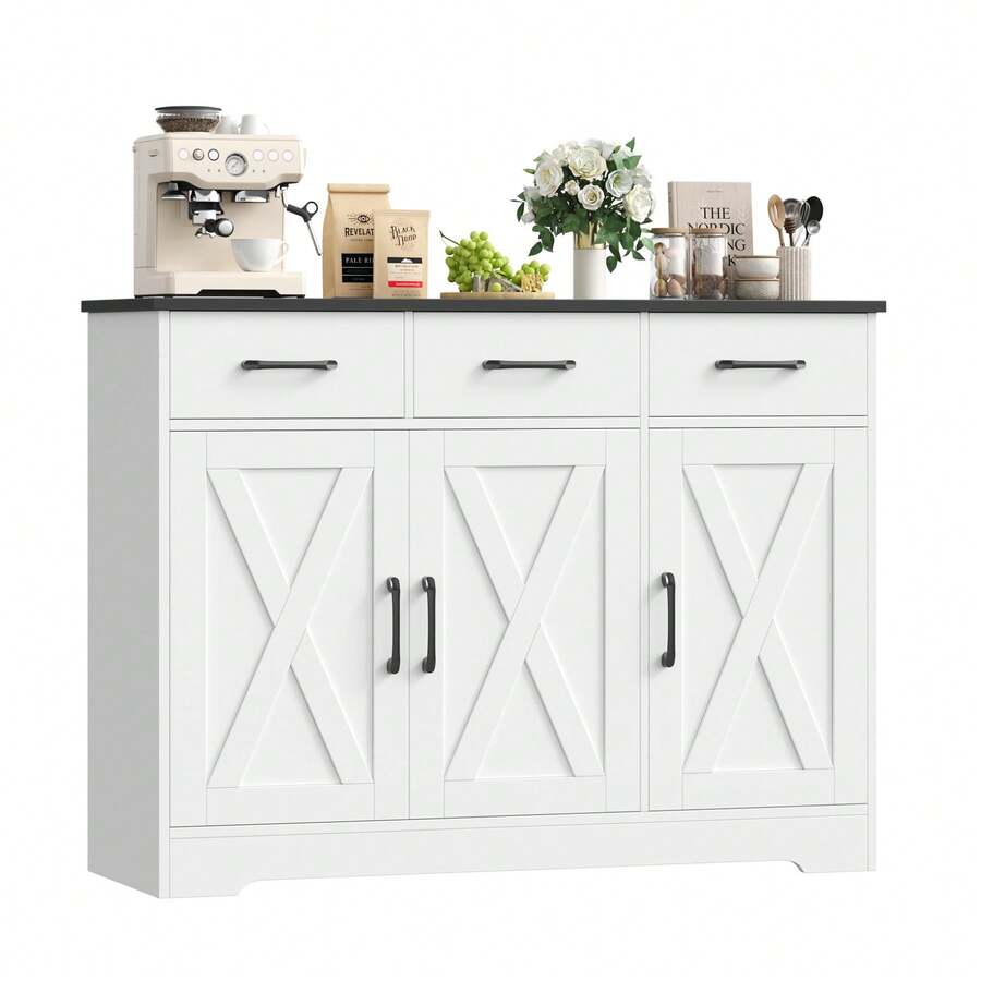 Aparador, armário de cozinha com 3 gavetas e 3 portas, buffet com bancada, para sala de jantar, sala de estar, madeira - Branco - Ver 1