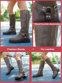 planare Botas de motocicleta de estilo casual con cremallera lateral y hebilla para mujeres, botas occidentales de tacón grueso color marrón moca, calzado de otoño, botas altas para mujeres, botas de goma para invierno, botas por encima de la rodilla, botas hasta la pantorrilla para mujeres que combinan con vestidos negros