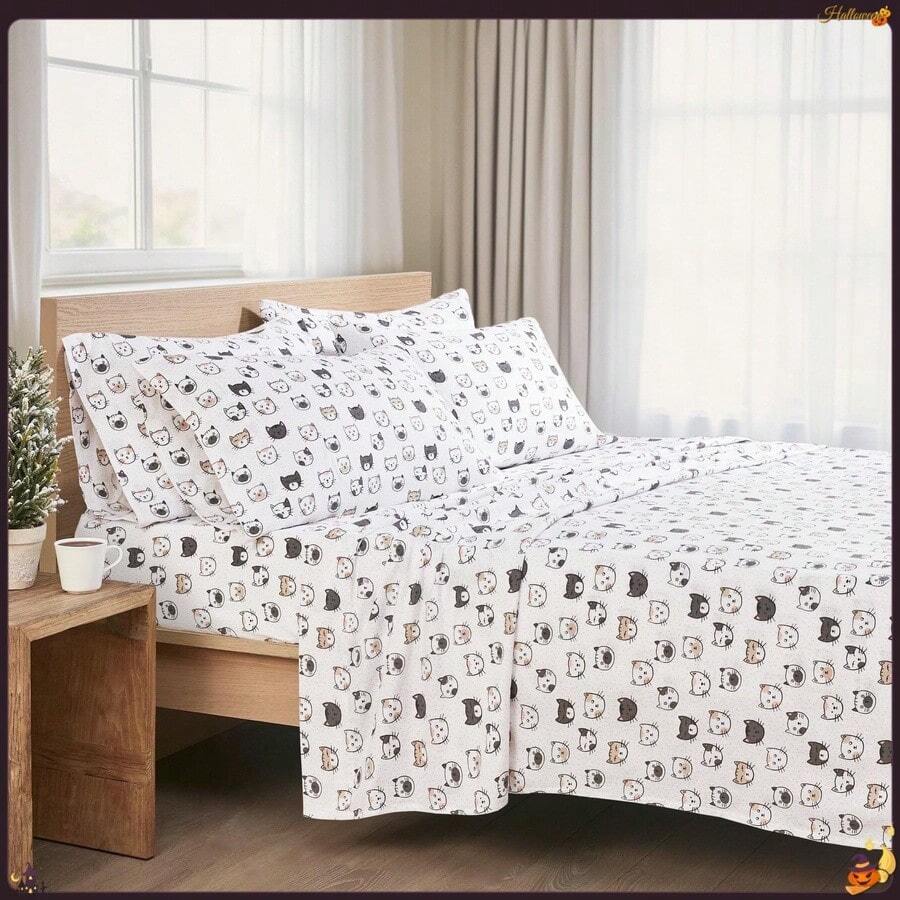 Flannel Sheets Queen W/ Pocket, 100% Cotton, Novalty Grey/Pink Cats, Queen Sheet Sets, 4 Pieces - Multicolor - View 1