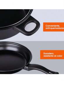 Juego de ollas y sartenes antiadherentes, set de utensilios de cocina de 13 piezas, incluye cacerolas, sartenes y accesorios, revestimiento resistente, distribución uniforme de calor, fácil de limpiar, adecuado para todo tipo de estufas - Negro - Ver 5