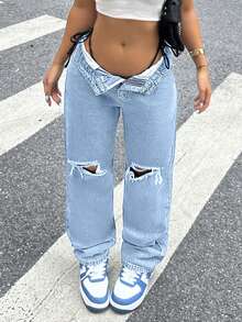 Y2k Knee Hole Slim Straight Tapered Jeans Mom Denim Jeans - Light Wash - View 3