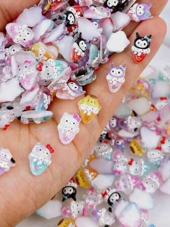  Sanrio 50pcs Various Cute Cartoon Nail Accessories, 3D Summer Ice Cream Kulomi Melody Hello Kitty Resin Nail Decorations For DIY Manicure, Phone Case And Hair Clip,Christmas Gifts