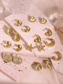 6/18pcs Fashionable Starfish, Seashell, Smooth Water Drop, Textured C-Shape Earrings Set, Suitable For Summer Travel & Vacation Wear