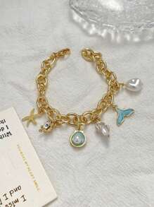 1 pieza Pulsera para mujeres con gota azul, cola de pez, concha y estrella de mar, un regalo de amistad elegante y personalizado, decoración fresca y delicada