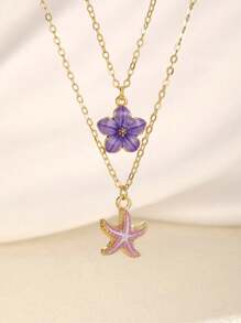 2 pièces/Set Collier de clavicule exquis, élégant et doux avec pendentif à cinq pétales et étoile de mer pour femmes. Accessoire de bijouterie pour porter au quotidien, idéal pour l'été, la plage, les vacances, les fêtes et les voyages
