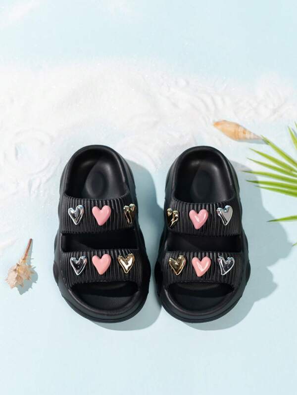 Cute Heart Open Toe Slip-On Sandals, Girls Breathable Lightweight House Slippers, Suitable For Indoor, Home, Bathroom, All Seasons