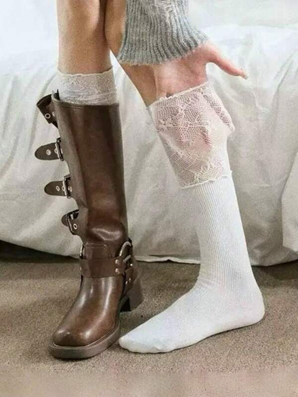 2 paar/1 paar dames overknee sokken met kant en patchwork, geschikt om te dragen met lange laarzen, retro chique stijl