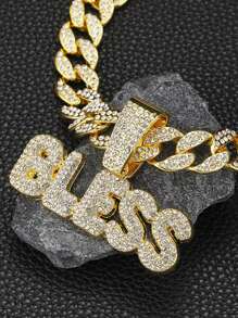 1pc Punk Rock Cuban Link Necklace For Men & Women - Shiny BLESS Pendant With Rhinestone Accents, Golden-Tone Chain, Unisex Hip Hop Jewelry Gift For Birthday, Mother's Day, Father's Day