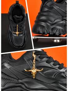 Tênis Esportivos Casuais Femininos, Acessórios para Sapatos com Colar Pingente Decorativo de Cabeça de Boi Metálica Punk, Tênis Esportivos de Estilo Escuro com Parte Superior de Malha Respirável, Sola Amortecedora Leve, Sapatos Casuais de Cadarço com Bico Redondo para Estudantes Universitárias, Adolescentes, Uso Diário, Encontros, Fitness, Escritório. Tênis Casuais de Plataforma Chunky de 7CM de Salto Alto, Salto Alto Preto para Todas as Estações