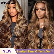 13x6 高清蕾丝前假发 P4/27 挑染波浪蕾丝前假发，混合真人发质，预拔婴儿发，200% 密度渐变棕色和蜂蜜金色混合真人发质假发，适合，24 英寸可拉直并重新造型，如同您自己的头发