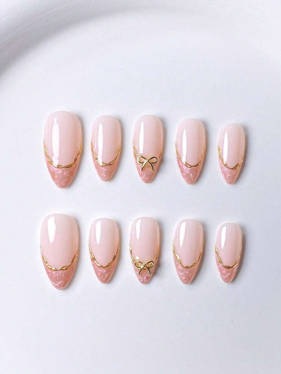 10 件手工藤金色法式边框银白线染可爱奢华蝴蝶结春夏粉色清新手工按压式指甲，配果冻胶和指甲锉美甲用品指甲