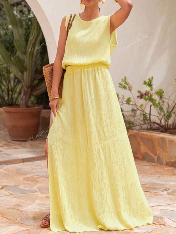 Sleeveless Top With Gathered Hem And Elastic Waist Long Skirt With Side Slit Set, Elegant Dignified Style For Vacation, Casual, Photo Shoot, Work, Spring/Summer New Arrival