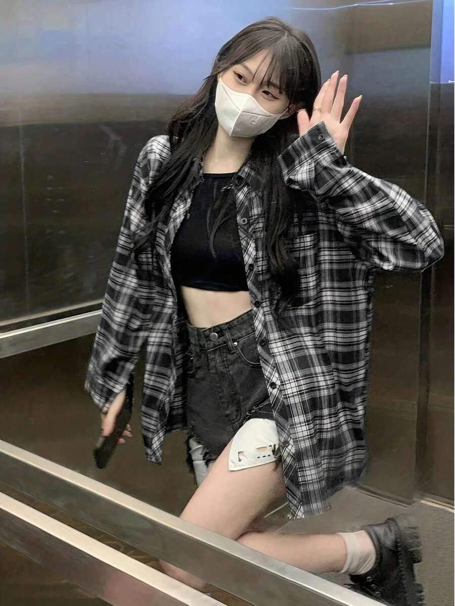 Women's Single-Breasted Pocket Plaid Long Sleeve Loose Shirt Black - Black - View 1