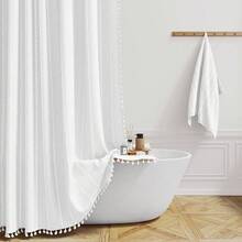 Stall Fabric Shower Curtain - 54x72 Inches Boho Linen Weighted Striped Shower Curtain Set With 10 Hooks, Narrow Rustic Modern Farmhouse Neutral Thick Cloth Shower Curtains For Bathroom - White - Greyish White - 查看 1