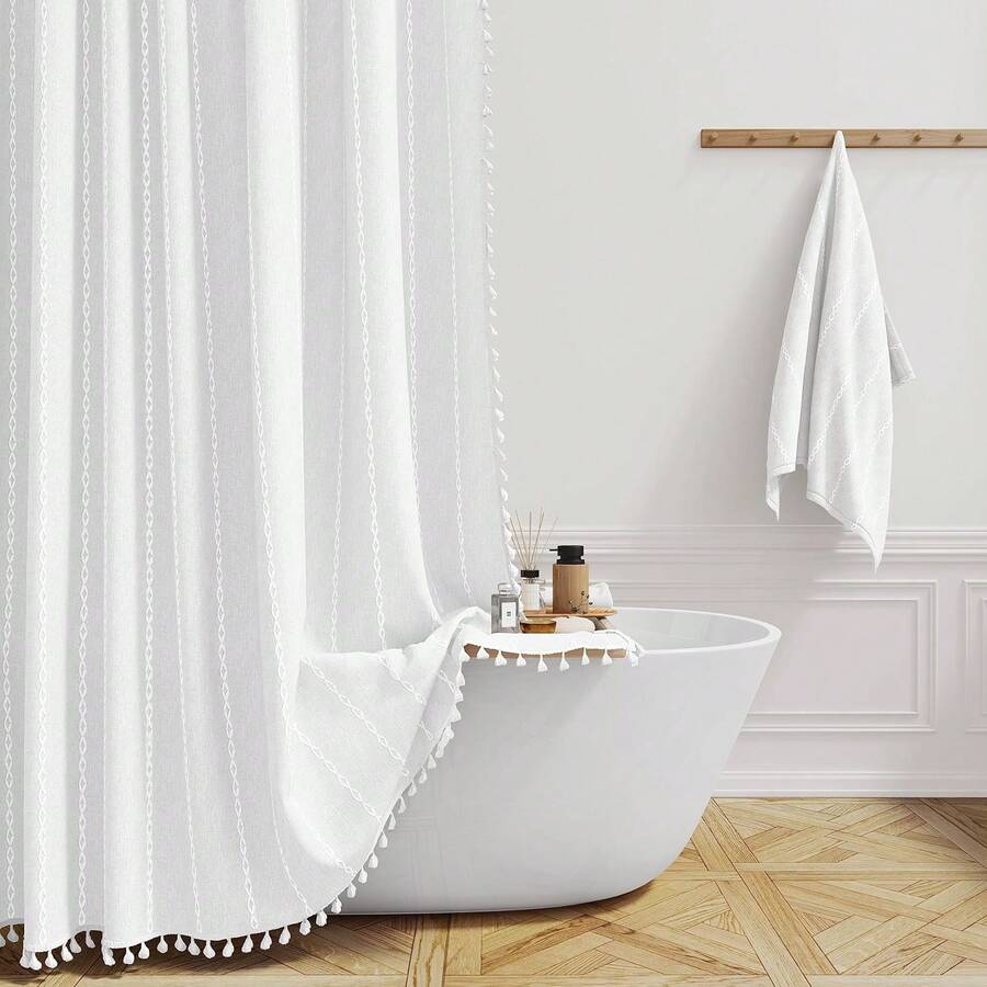 Stall Fabric Shower Curtain - 54x72 Inches Boho Linen Weighted Striped Shower Curtain Set With 10 Hooks, Narrow Rustic Modern Farmhouse Neutral Thick Cloth Shower Curtains For Bathroom - White - Greyish White - 查看 1
