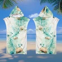 1pc Seashell Printed Hooded Cloak, Ultra-Fine Fiber Beach Blanket And Hooded Beach Poncho 2-In-1, With Buttons, Unbuttoned Can Convert To Beach Blanket, Super Absorbent Towel, Suitable For Travel, Swimming Pool, Diving, Surfing, Yoga, Camping, Available For Adults And Kids Back To School - Multicolor - View 3