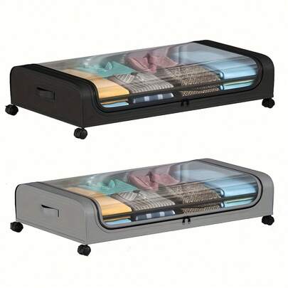 1 pieza Caja de almacenamiento debajo de la cama de metal, contenedor de almacenamiento curvo debajo de la cama con ruedas, caja de almacenamiento grande, transparente y a prueba de polvo, móvil para ropa, ropa de cama, zapatos, mantas, libros, juguetes, etc.