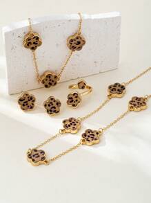 1 Set Fashionable & Elegant Metal 5 Leaf Clover Flower Bracelet, Necklace, Earrings, Ring, Bangle Jewelry Set, Versatile & Chic For Women