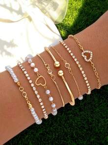 12 件/套复古优雅人造珍珠心形水晶飞机链手链套装，Y2K 个性化甜美简约多层佩戴银色珠宝，是送给女性、度假、派对、约会、情人节、母亲节的最佳礼物 - 銀色 - 查看 4