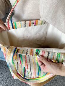 新款秋冬女士羊毛单肩包，时尚彩虹条纹休闲大容量手提包，适合大学生、高中生、办公室通勤、购物、旅行、健身、百搭穿搭 - 杏色 - 查看 10