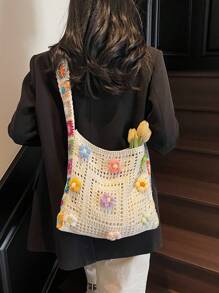 Bohemian Style Large Capacity Tote Bag, Fashion Floral Crochet Handbag, Multicolor Hollow Out Knitted Shoulder Bag, Openwork Floral Crossbody Bag For Women, Suitable For Summer Beach Vacation, Ladies Daily Shopping Bag, Gift For Her