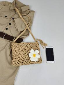 1 件夏季草编手提包，手工镂空菱形斜挎包，小号单肩包，适合海滩和度假的多功能包