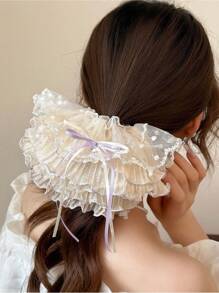 1 pièce Chouchou à maille papillon en polyester | Lien de cheveux romantique à pois en dentelle | Nœud papillon à maille surdimensionné | Accessoire de cheveux en ruban de soie de luxe, accessoires d'Halloween, accessoires de cheveux, liens de chouchou