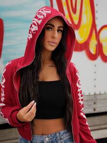 SAYEHFBABY Women Gothic Text Cropped Zip Up Hoodie Sweatshirt, Streetwear Style For Autumn/Winter For New Year Clothes,Long Sleeve Tops - Red - View 2