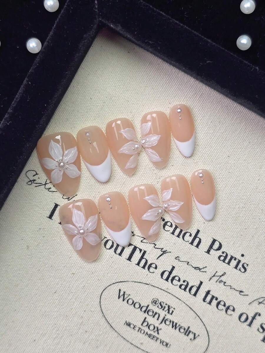 10Pcs Set Pink & White Floral Pearl Decor Short Almond Shape Full Cover Fake Nails, Elegant Minimalist Design, Easy Press-On Nail Decor Kit, Suitable For Daily Wear, Date, Holiday, Gift For Girls And Women Nail Supplies Nails - Multicolor - View 1