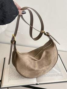 Women's Leather Dumpling Bag, PU Leather Mono-Shoulder Saddle Bag, Adjustable Strap, Daily Commute Use - Khaki - View 10