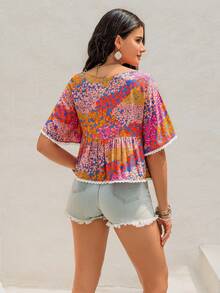 Bohemian Multicolor Subtropical Printing V-Neck Trumpet Sleeves Short Ladies' Shirts Seaside Holiday Coachella Music Festival Tropical Vacation Hawaii - 彩色 - 查看 2