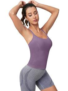 Workout Tops Women With Built In Bra, Sleeveless Gym Tops Seamless Racerback Athletic Yoga Shirts, Activewear - Grey Purple - View 5