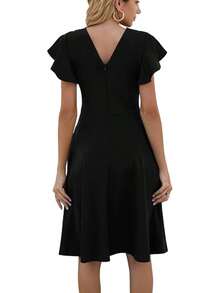Women's Semi-Formal Ruffle Sleeve V-Back Work Fit And Flare Cocktail Knee Length Dress With Pockets, 2025 Style - 黑色 - 查看 2